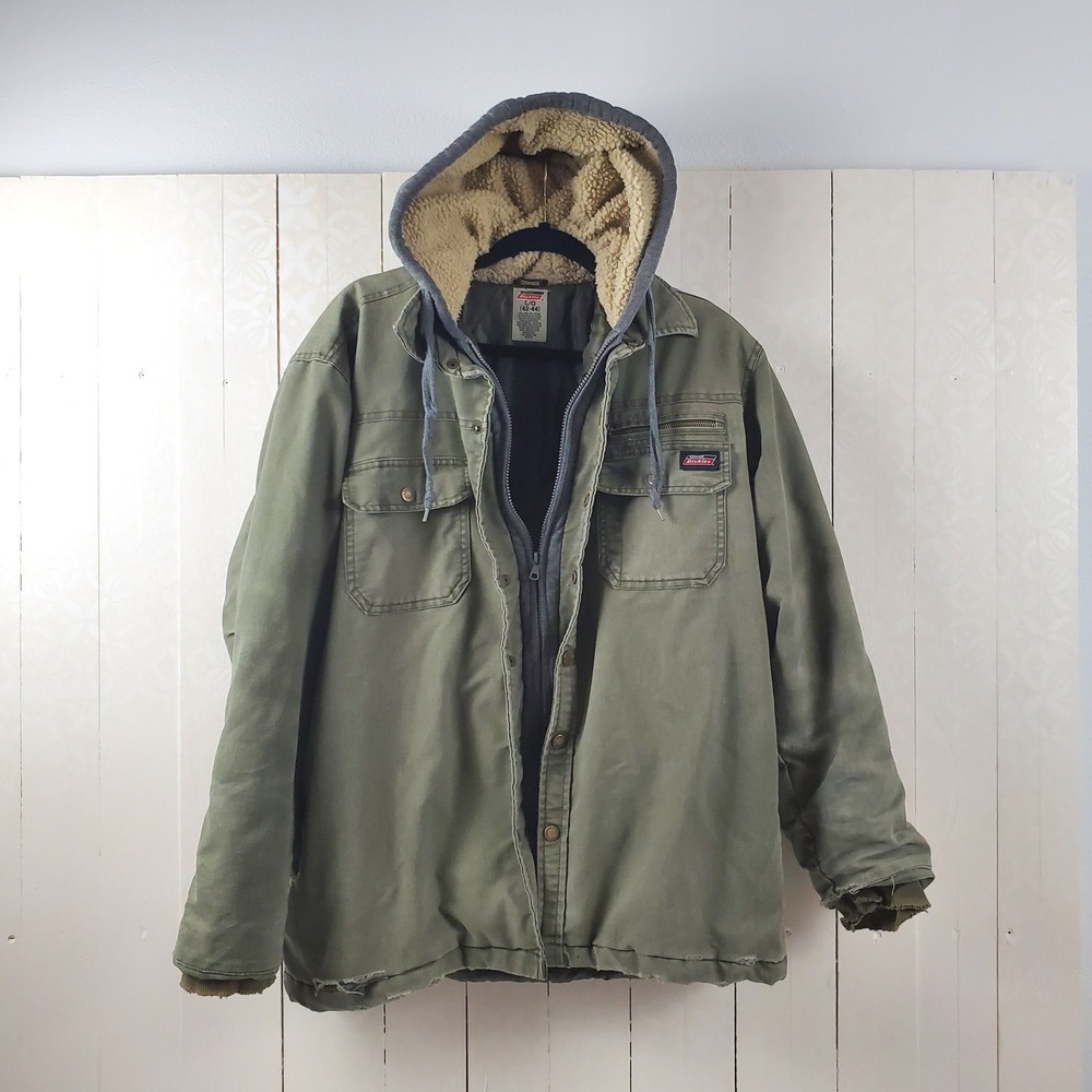 Dickies Mens Canvas Work Jacket Hooded Sherpa Lined Distressed Olive Green L